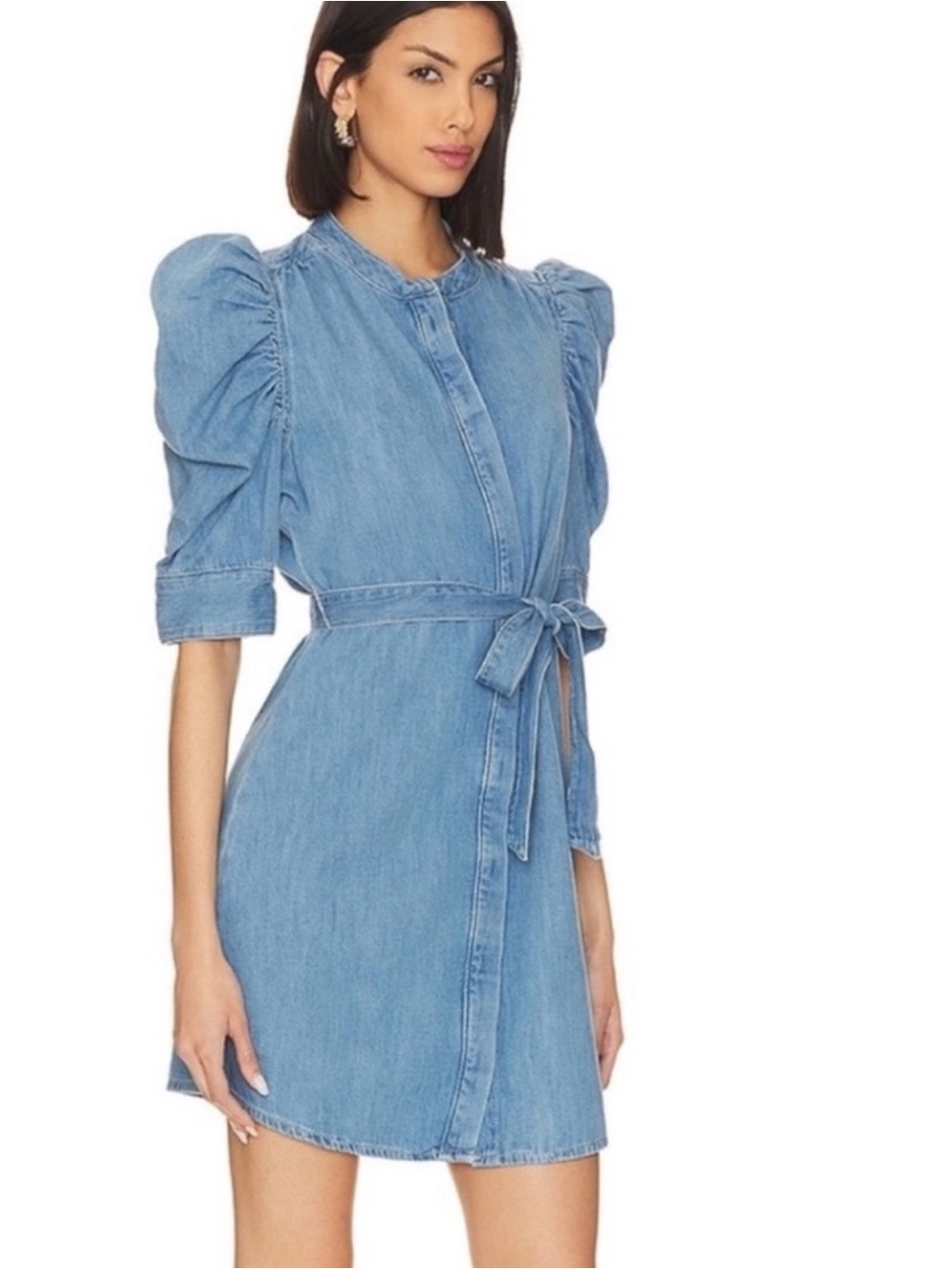 Frame Gillian Denim Short Puff Sleeve Mini Denim Dress. XS